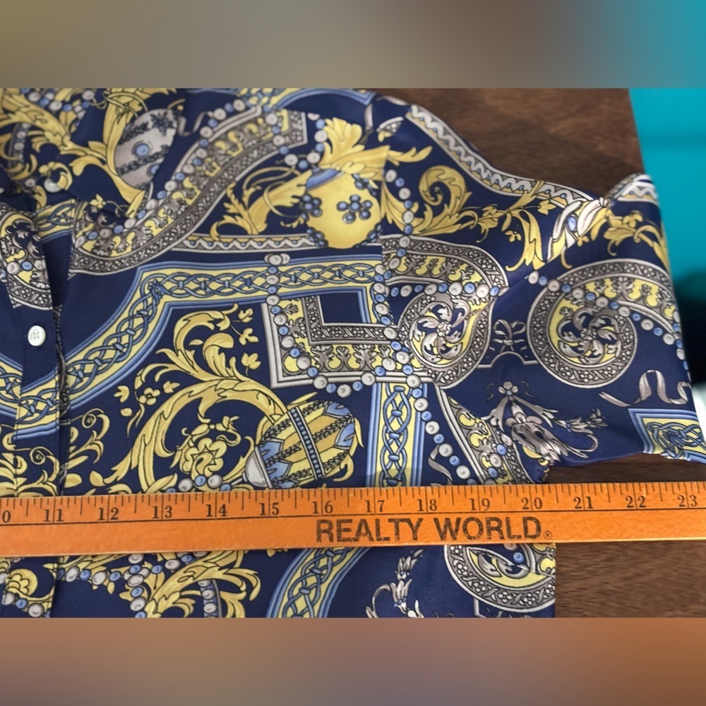 J. McLaughlin Faberge Con Lois Silk Blend Blouse Navy and Gold - Picture 10 of 11